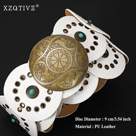 Woman's Western PU Leather Belts Concho Disc Wide Waist Belt White Bronze Buckle - Picture 2 of 6